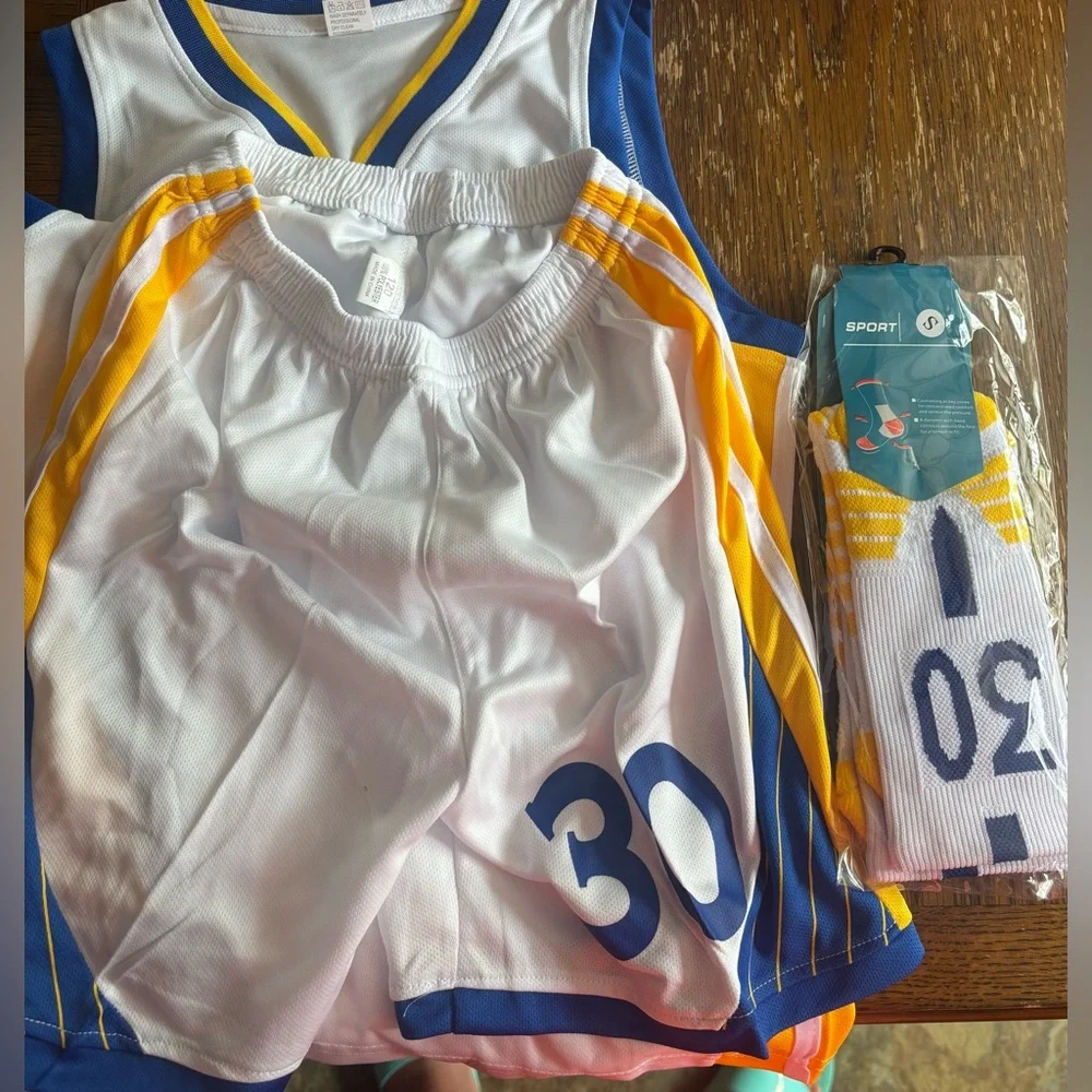 White and Blue Basketball Jersey Set